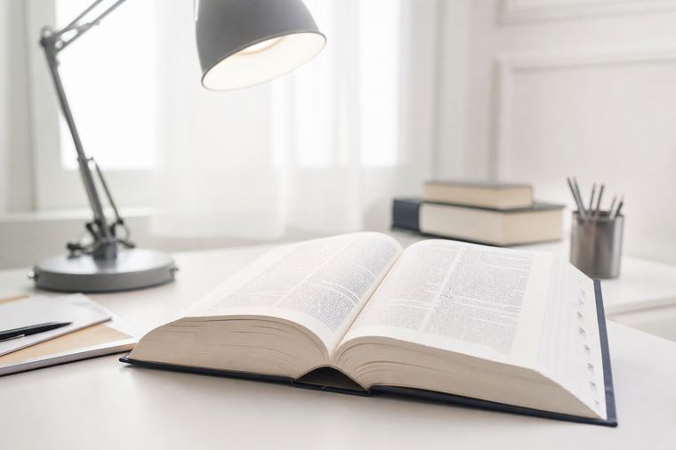 Una foglia d'acero bruna posata sulle pagine di un libro aperto su un tavolo.